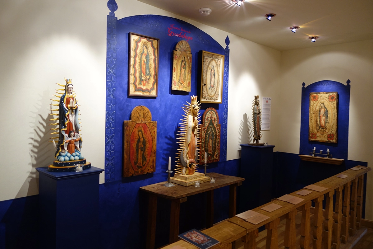 mosca Gallery display of devotional artworks depicting Our Lady of Guadalupe
