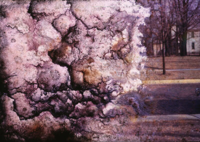 Photograph blending a close view of cracked, crusted mineral texture in pink, purple, and white on the left with a winter scene of bare trees, a sidewalk, and a building on the right.