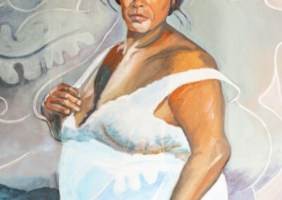 Detail of a painting of a woman with dark hair pulled up, wearing a loose white dress slipping off one shoulder, set against a soft swirling background of pale blue, lavender, and gray.