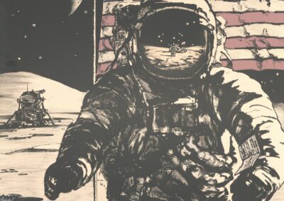 Lithograph of an astronaut in a spacesuit walking on the lunar surface in front of an American flag, with a lunar module in the distance and a partial Earth in the dark sky.
